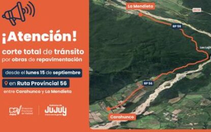 Corte total en ruta 56 en Carahunco y La Mendieta desde el lunes